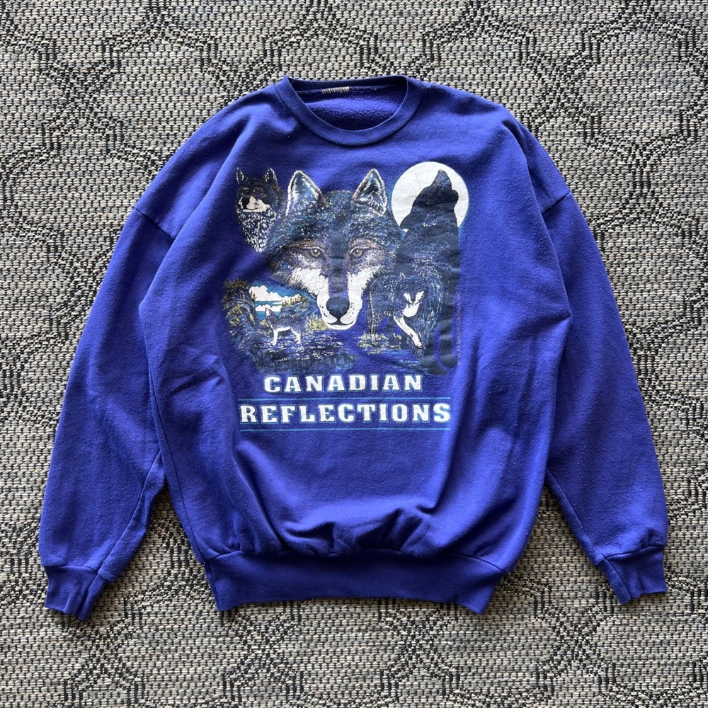 Vintage Wolf Sweatshirt Mens Large Purple Canadian Reflections Nature Wildlife‎